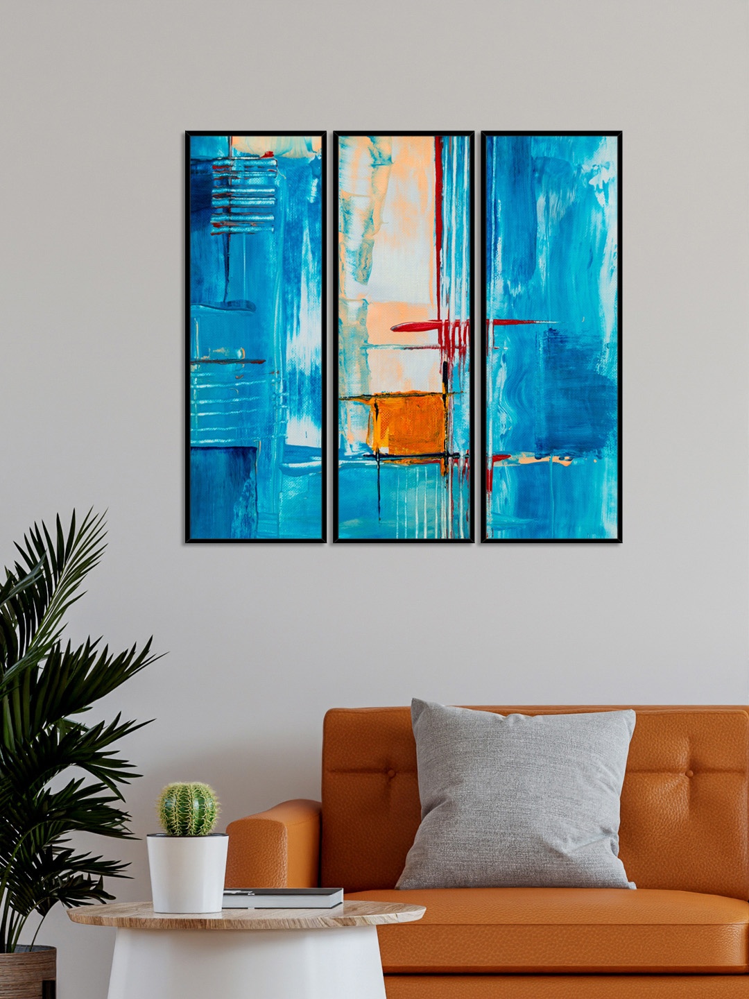 

999Store Set Of 3 Abstract Painting Framed Wall Art, Blue