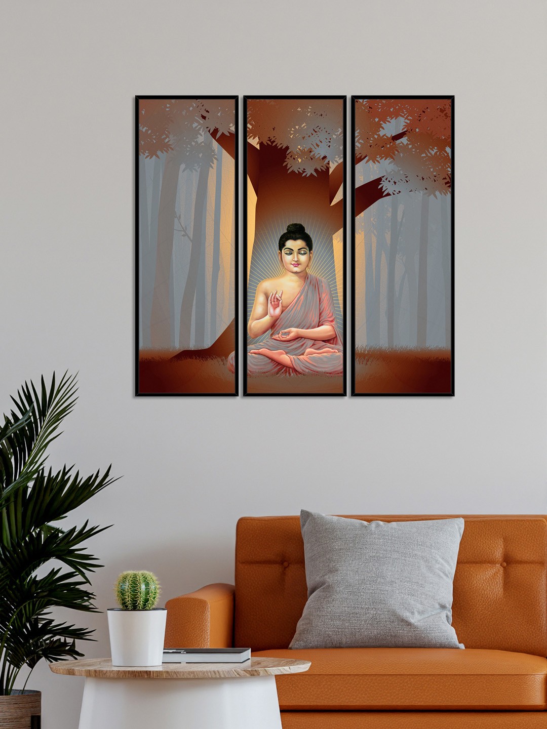 

999Store Set of 3 Tree With Blessing Sitting Lord Buddha Canvas Wall Art, Brown