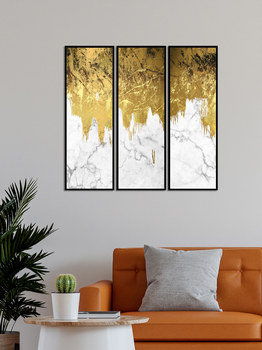 

999Store Set Of 3 Gold-Toned & White Abstract Art Panels Wall Paintings
