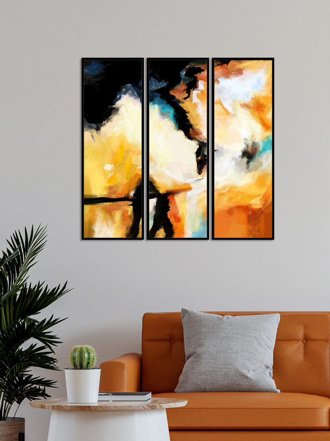 

999Store Set Of 3 Orange & Black Abstract Wall Painting