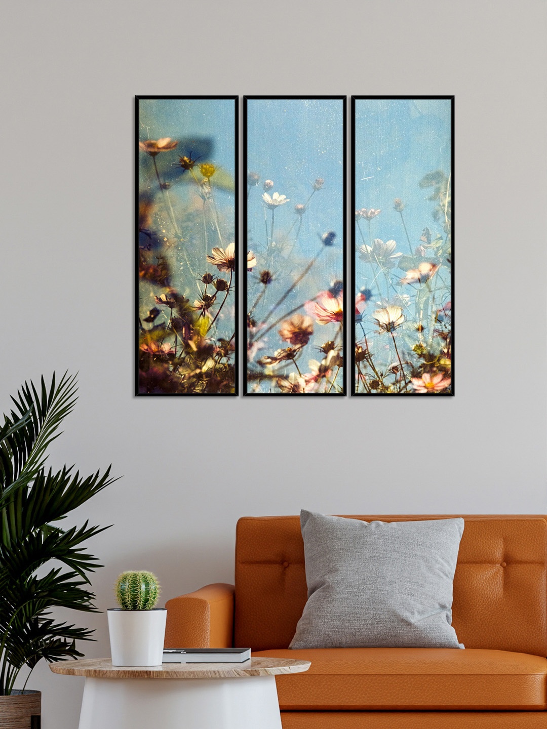 

999Store Set Of 3 Blue & Brown Flower Wall Paintings