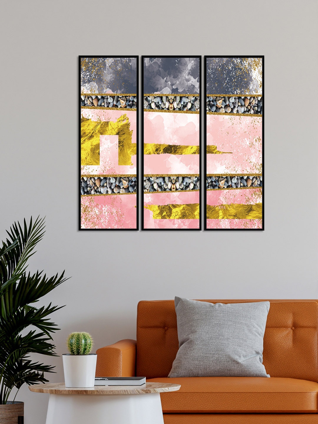 

999Store Set Of 3 Marbles Framed Wall Art Paintings, Pink