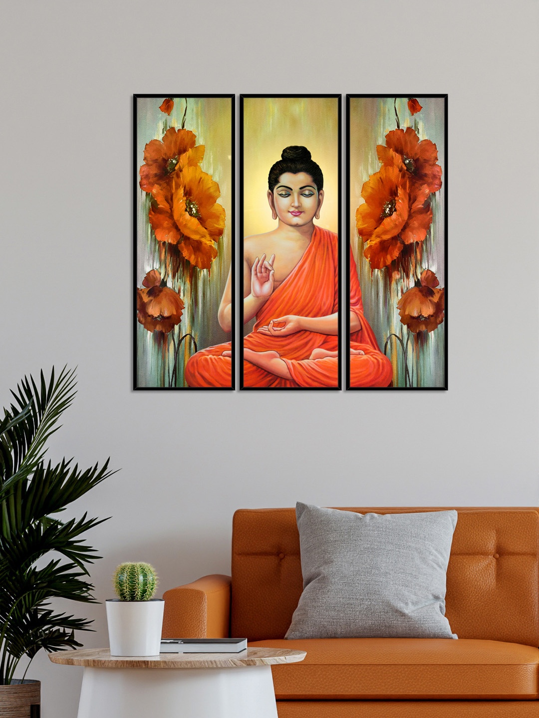 

999Store Set Of 3 Setting Lord Buddha With Flower Wall Art Paintings, Brown