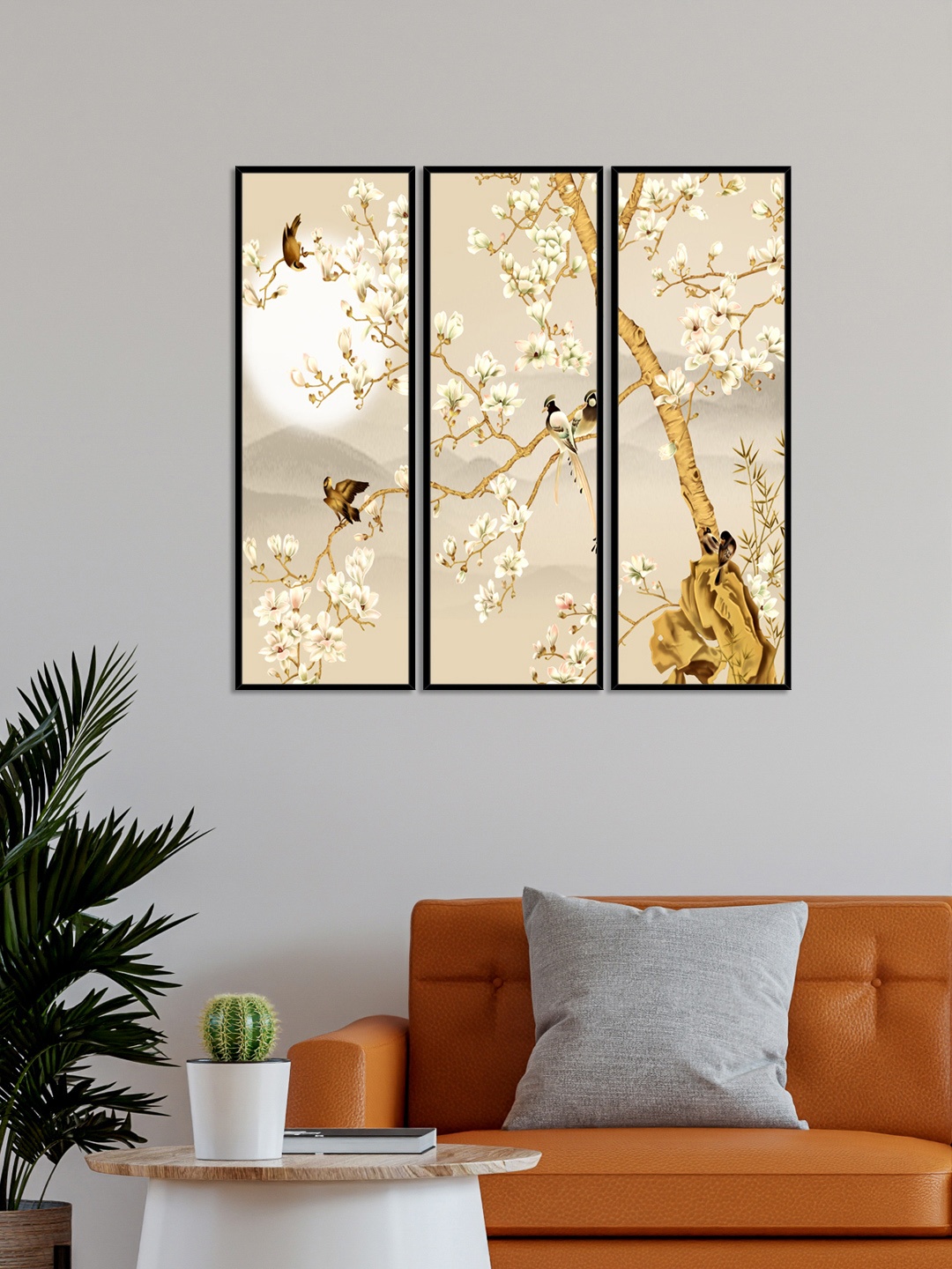 

999Store Set of 3 Botanical Flower With Birds Sun Canvas Wall Arts, Brown