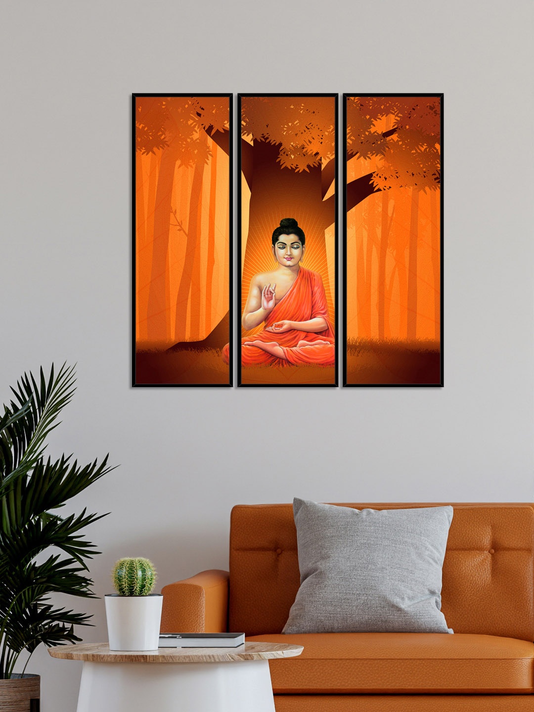 

999Store Set Of 3 Brown & Orange Lord Buddha Wall Painting