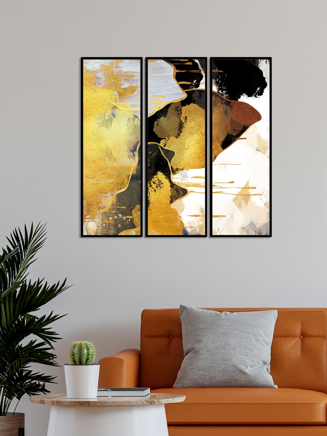 

999Store Set Of 3 Abstract Painting Framed Wall Arts, Gold