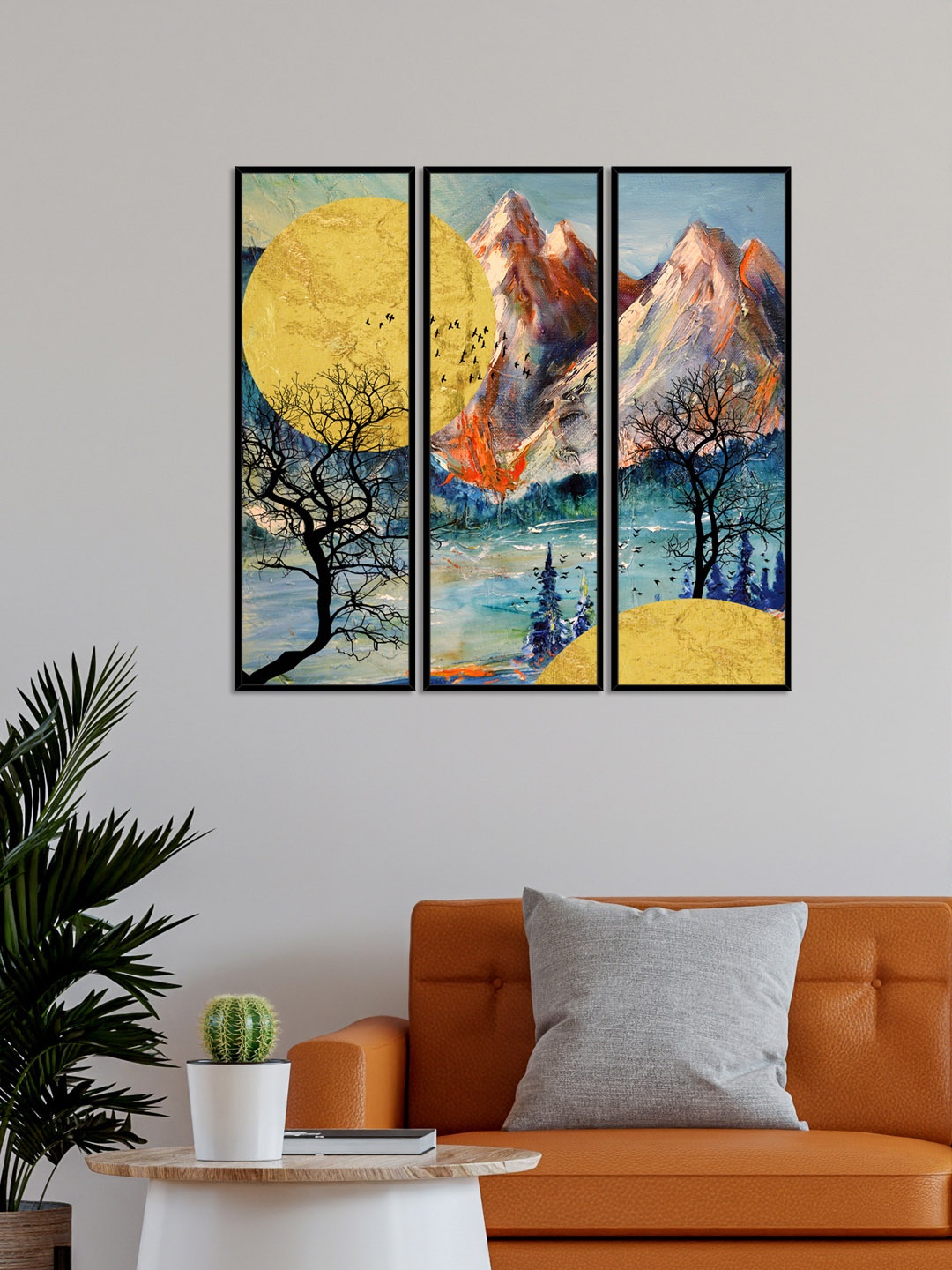 

999Store Set Of 3 Yellow & Blue Natural Landscape & Birds Canvas Painting