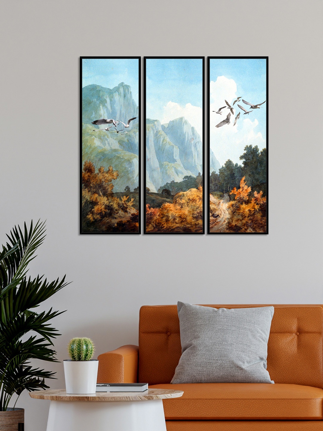 

999Store Set of 3 Blue & Brown Nature View With Birds Canvas Wall Art