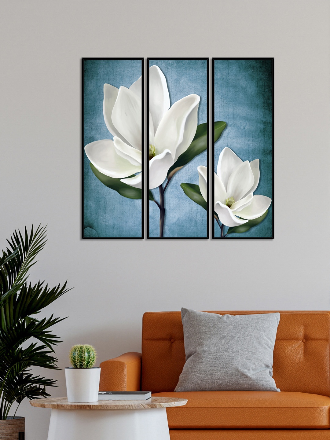 

999Store Set Of 3 Blue & White Magnolia Flower With Leaves Wall Paintings