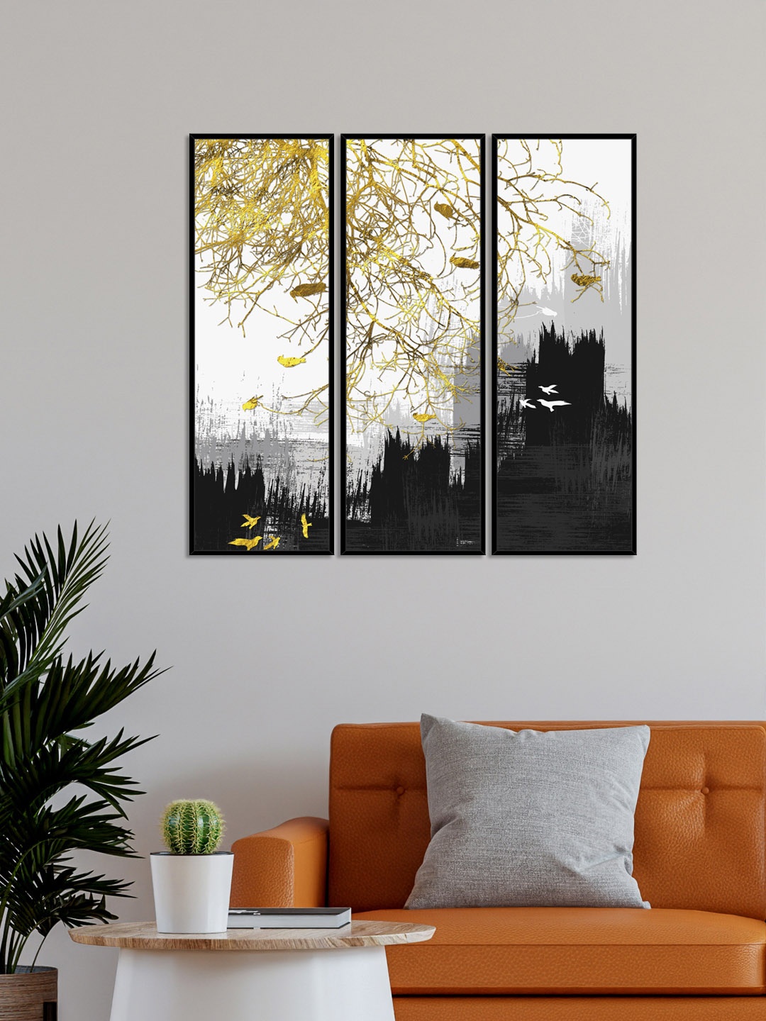 

999Store Set Of 3 Golden Tree With Birds Framed Wall Art Paintings, Grey