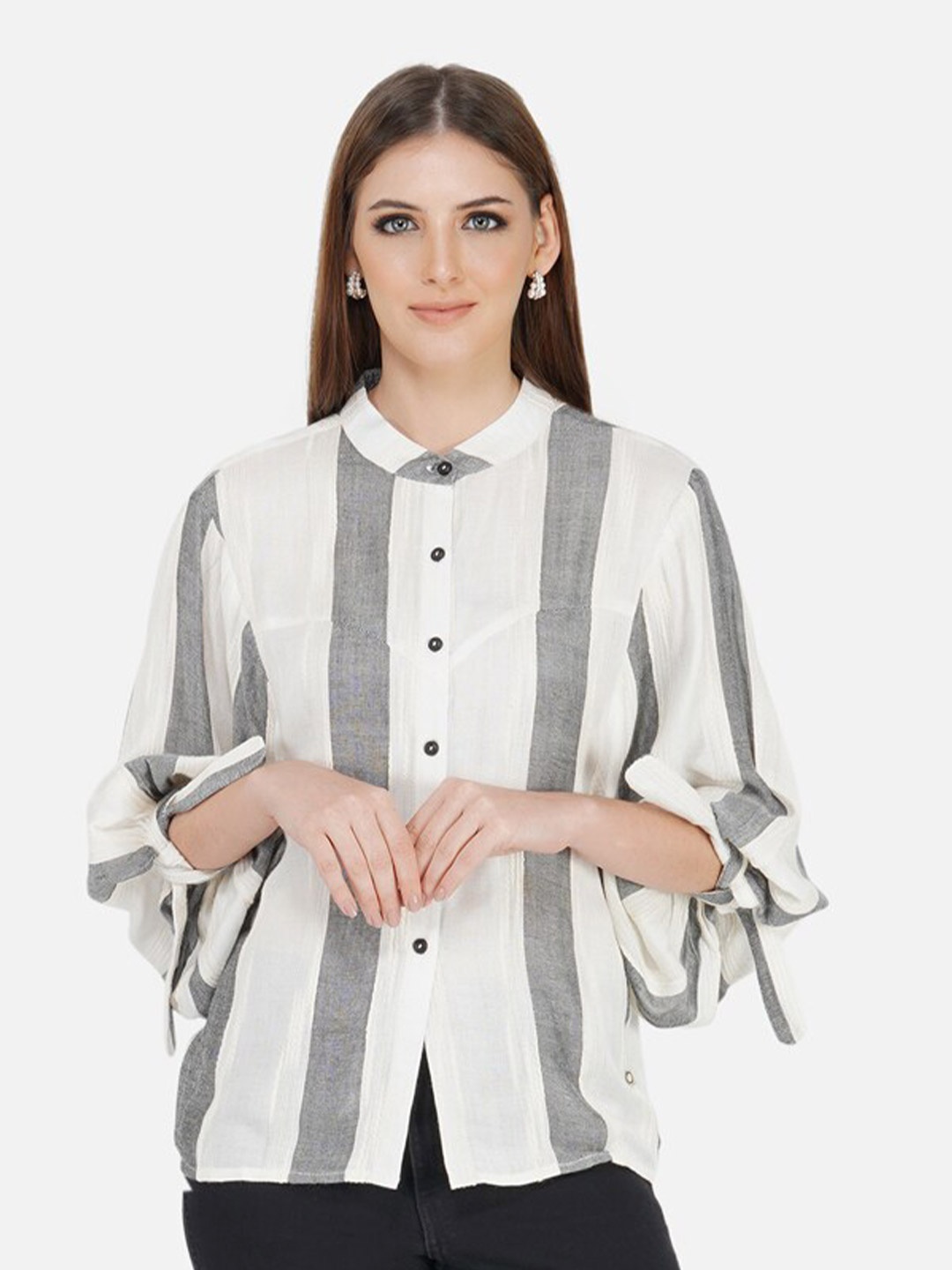 

FABNEST White & Grey Striped Pure Cotton Shirt Style Top, Off white