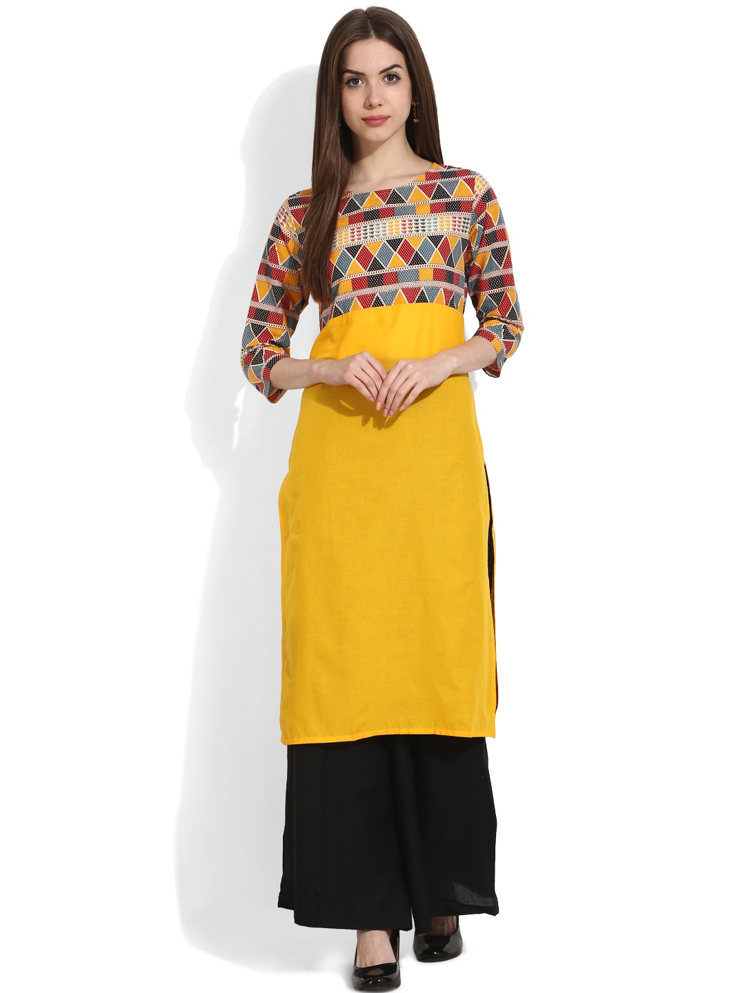 

aasi Women Yellow Printed Straight Kurta