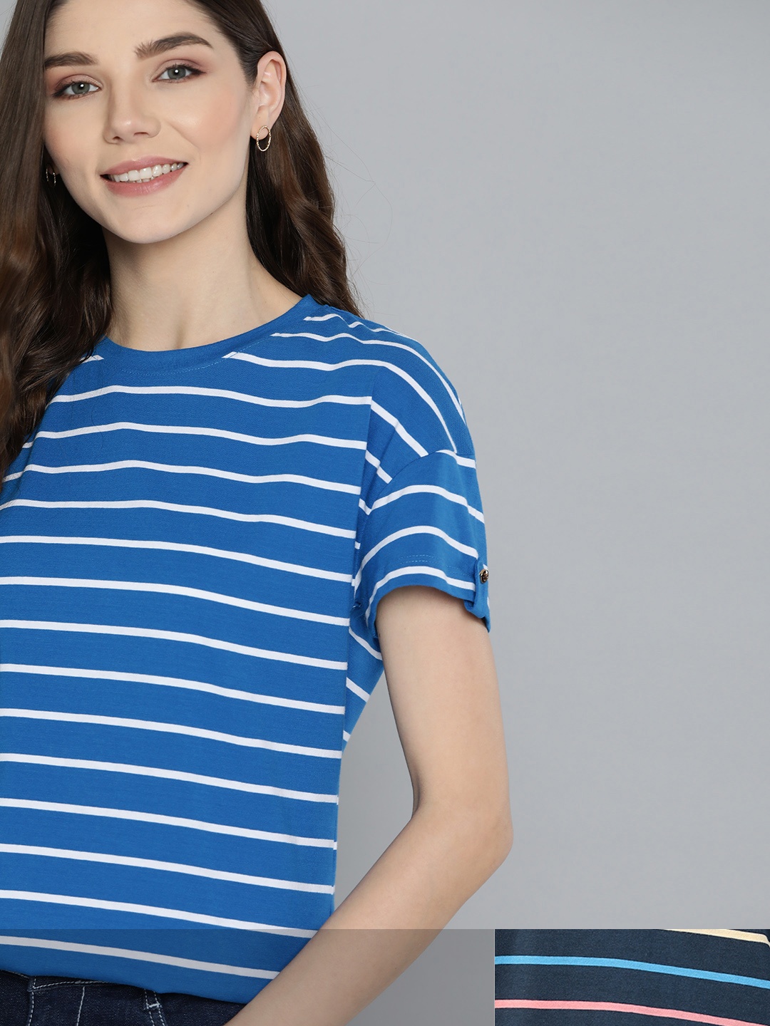 

Mast & Harbour Women Pack of 2 Striped Cotton T-shirt, Blue