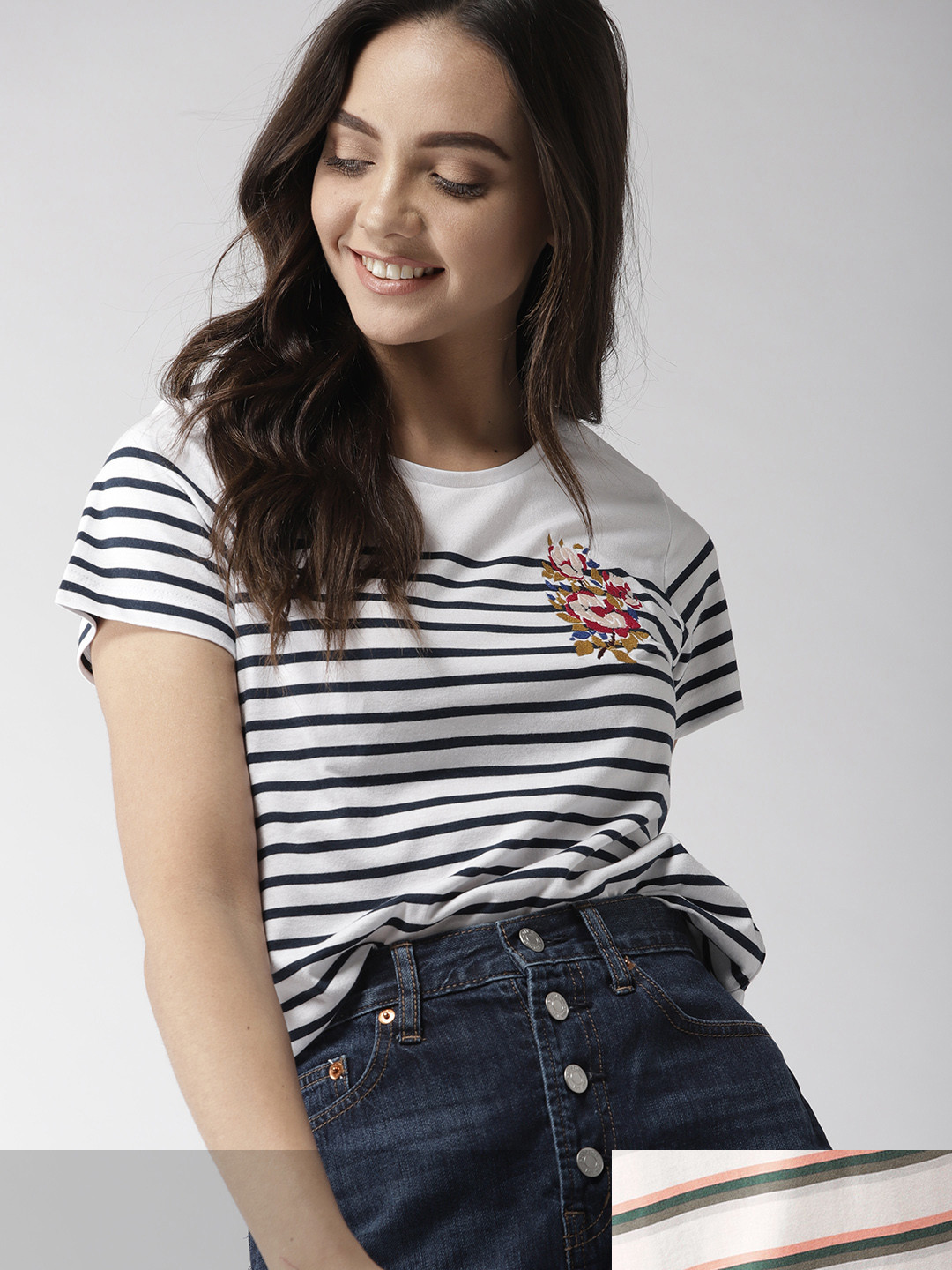 

Mast & Harbour Women Pack of 2 Striped T-shirt, Off white