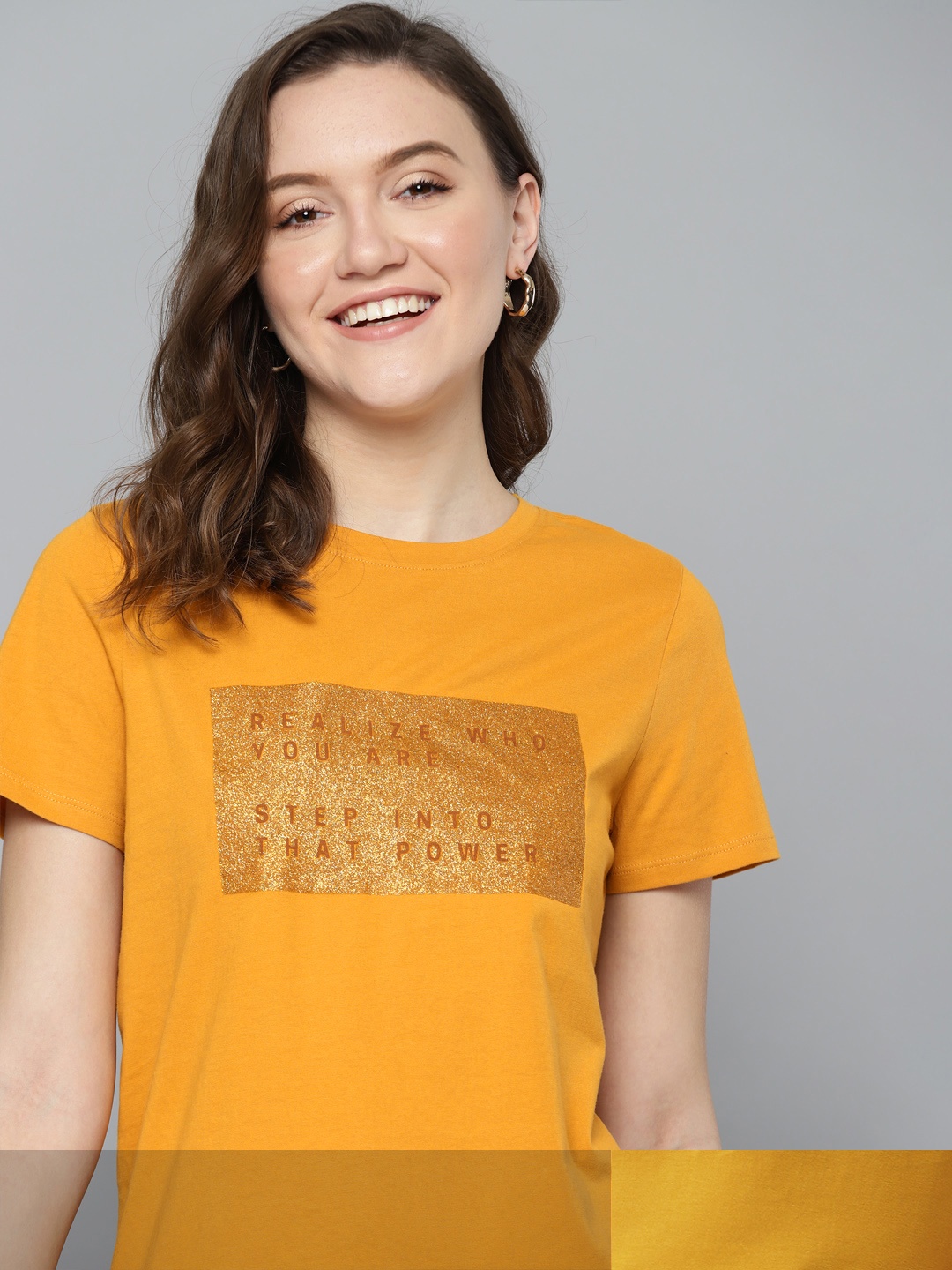 

Mast & Harbour Women Mustard Yellow Pack Of 2 Typography Printed T-shirt