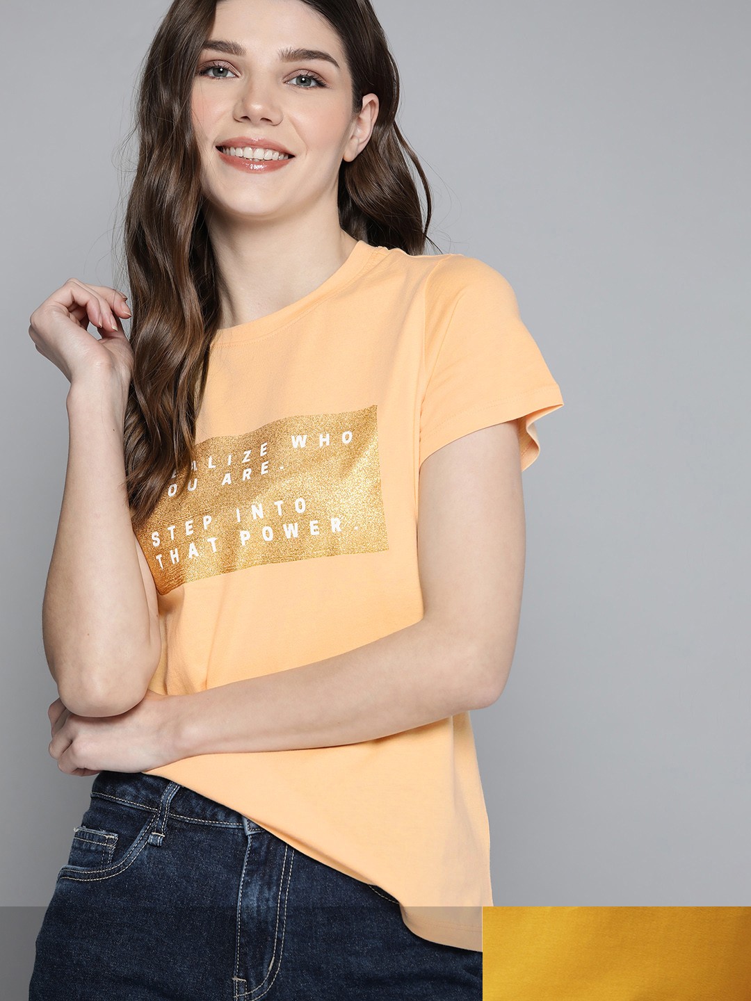 

Mast & Harbour Women Coral Typography 2 Printed Pure Cotton T-shirt