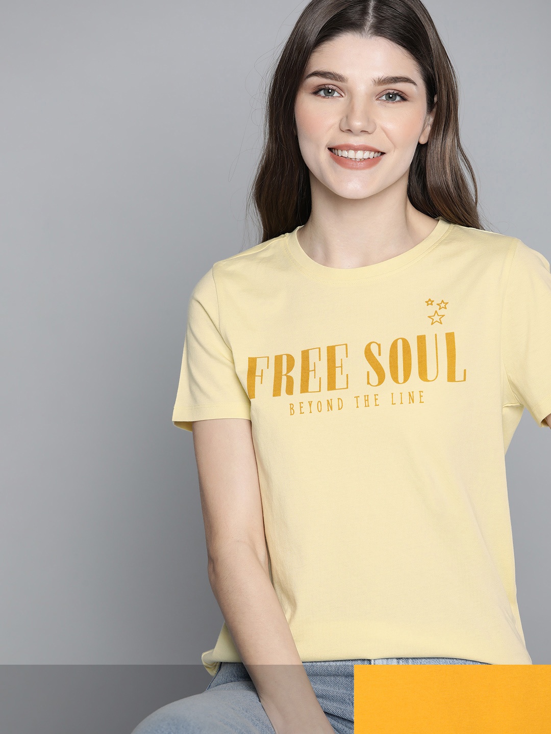 

Mast & Harbour Women Typography Pack Of 2 Printed Pure Cotton T-shirt, Yellow