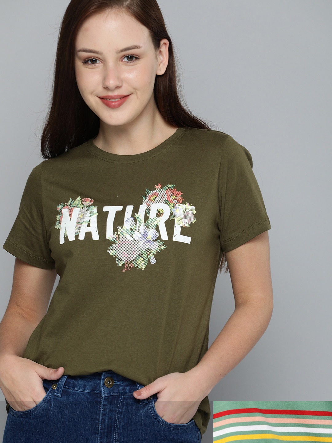 

Mast & Harbour Women Pack of 2 Printed Pure Cotton T-shirt, Olive