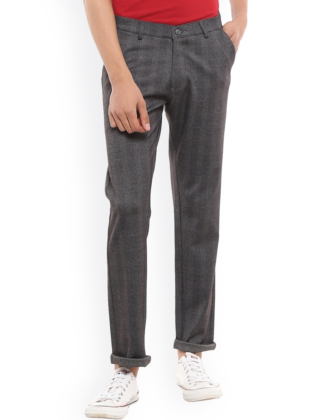 

V-Mart Men Black & Grey Checked Slim Fit Easy Wash Trousers