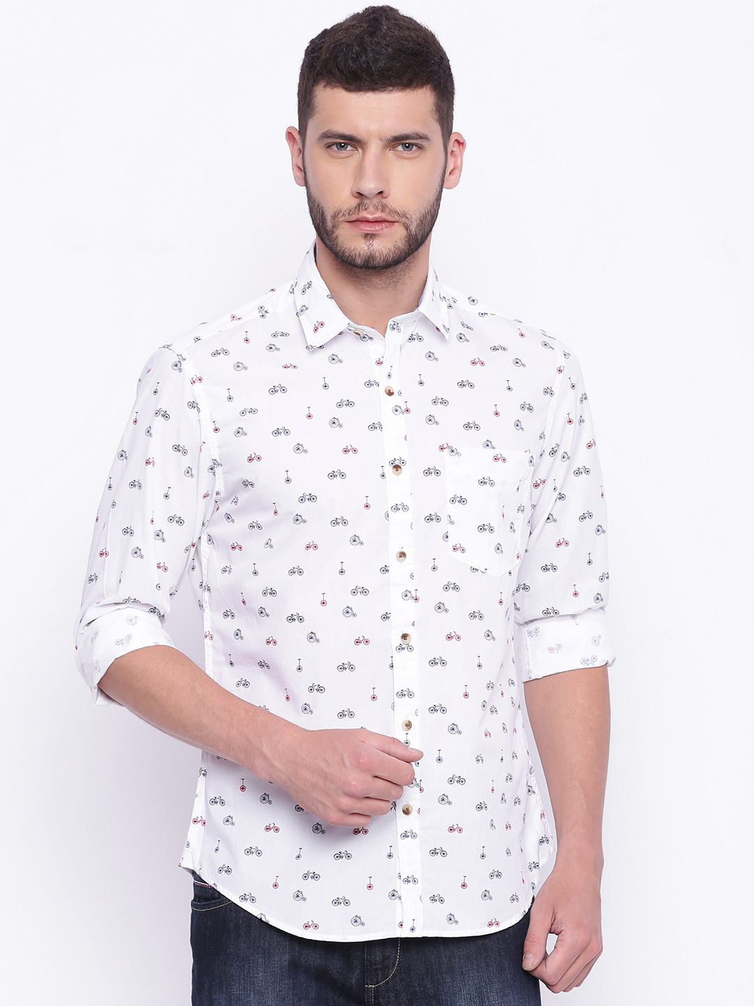 

John Players Men White Trim Skinny Fit Printed Casual Shirt