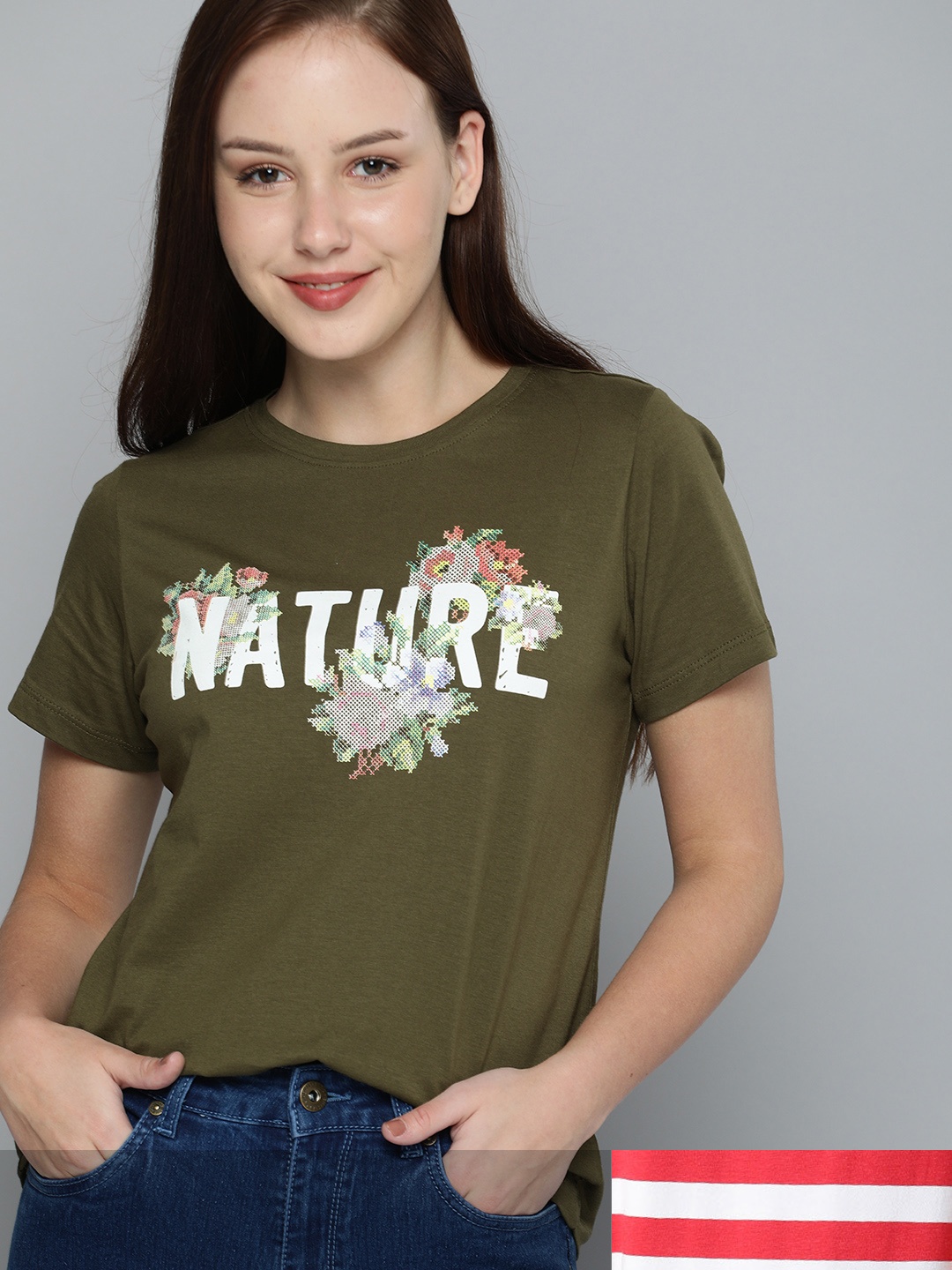 

Mast & Harbour Women Set Of 2 Round Neck T-shirt, Olive