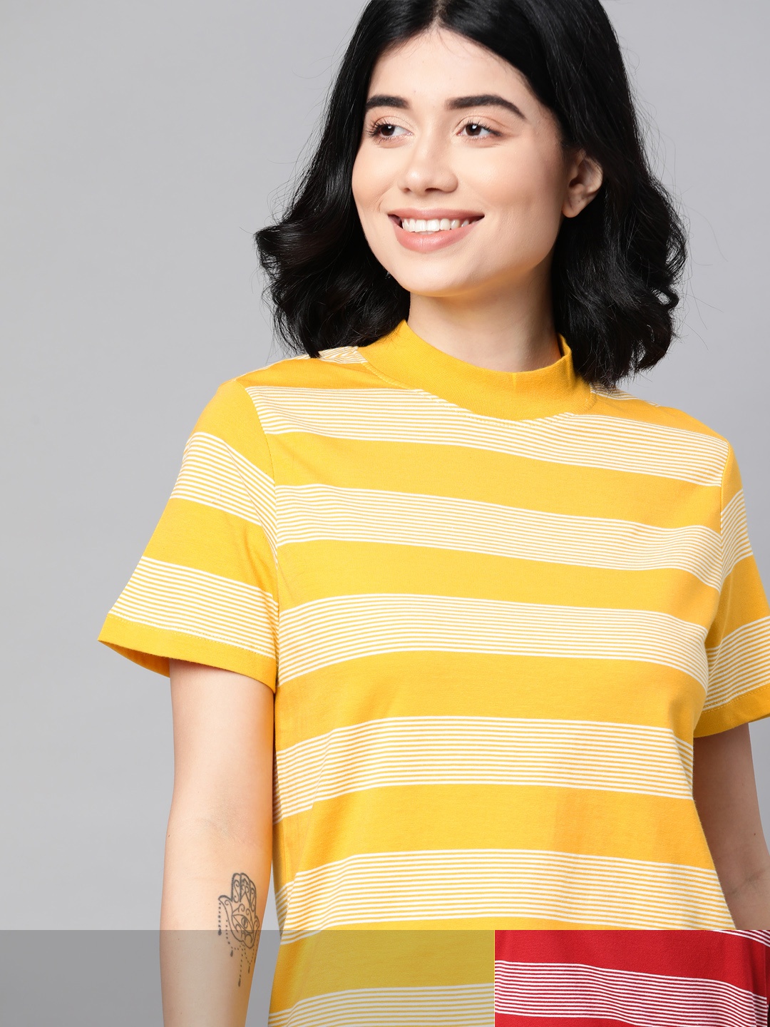 

Mast & Harbour Women Pack of 2 Striped Tshirts, Yellow
