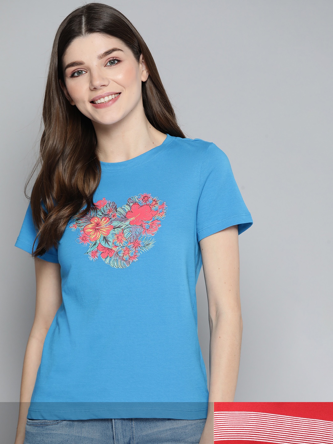 

Mast & Harbour Women Pack of Printed Pure Cotton 2 Tshirts, Blue
