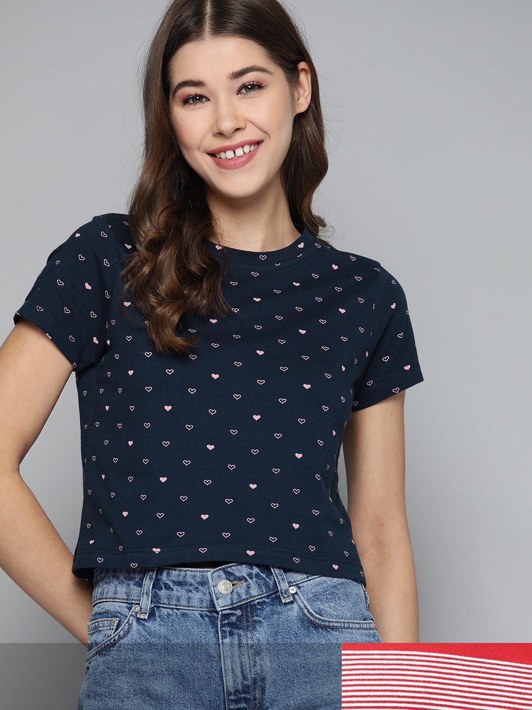

Mast & Harbour Women Pack of 2 Printed Pure Cotton Tshirts, Navy blue