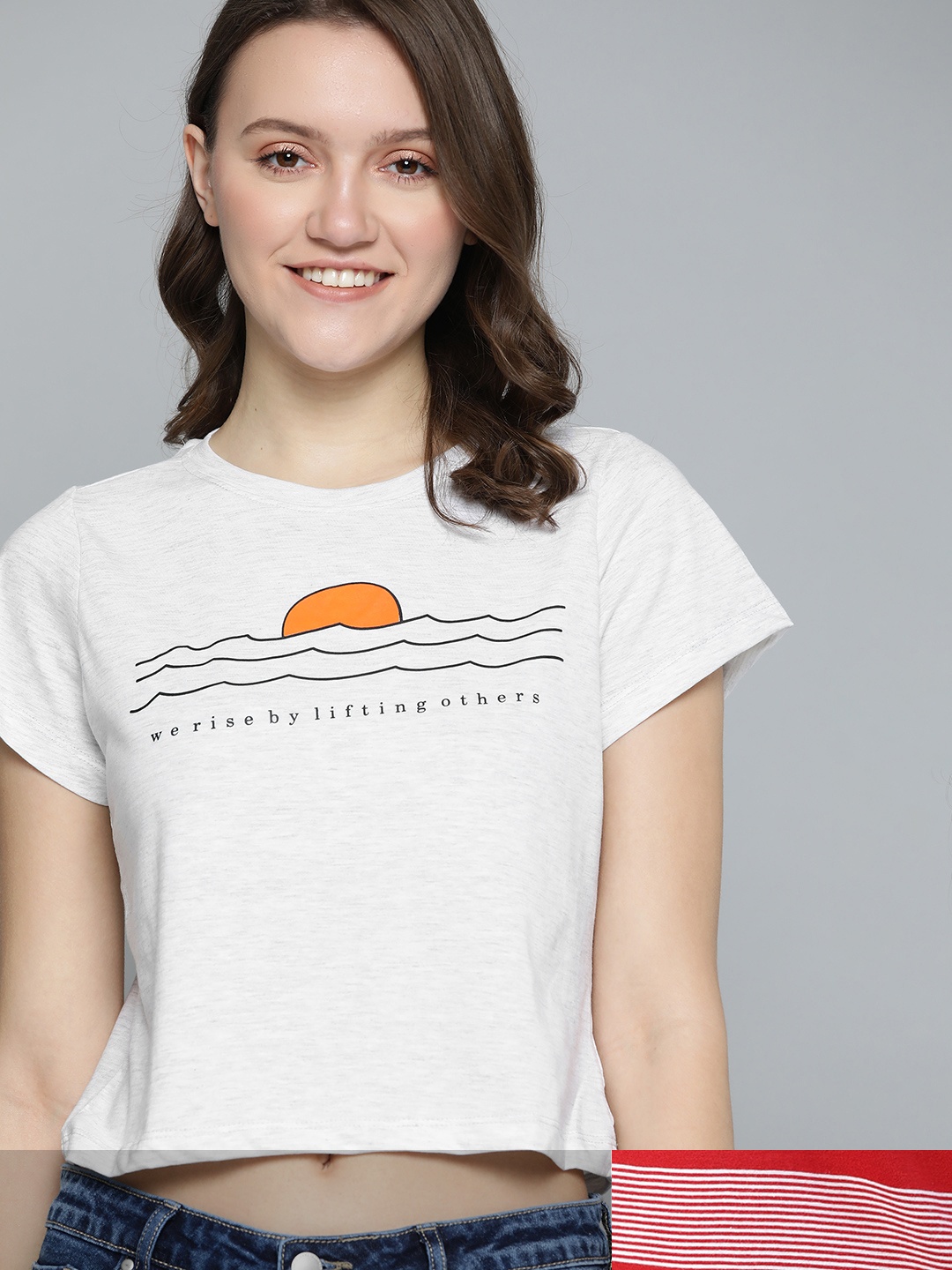 

Mast & Harbour Women Pack of 2 Printed Pure Cotton Tshirts, Grey melange