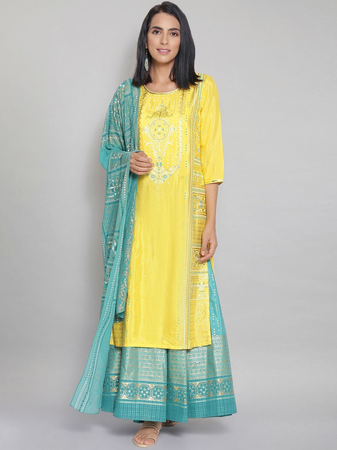 

AURELIA Women Yellow Printed Kurta with Palazzos & With Dupatta