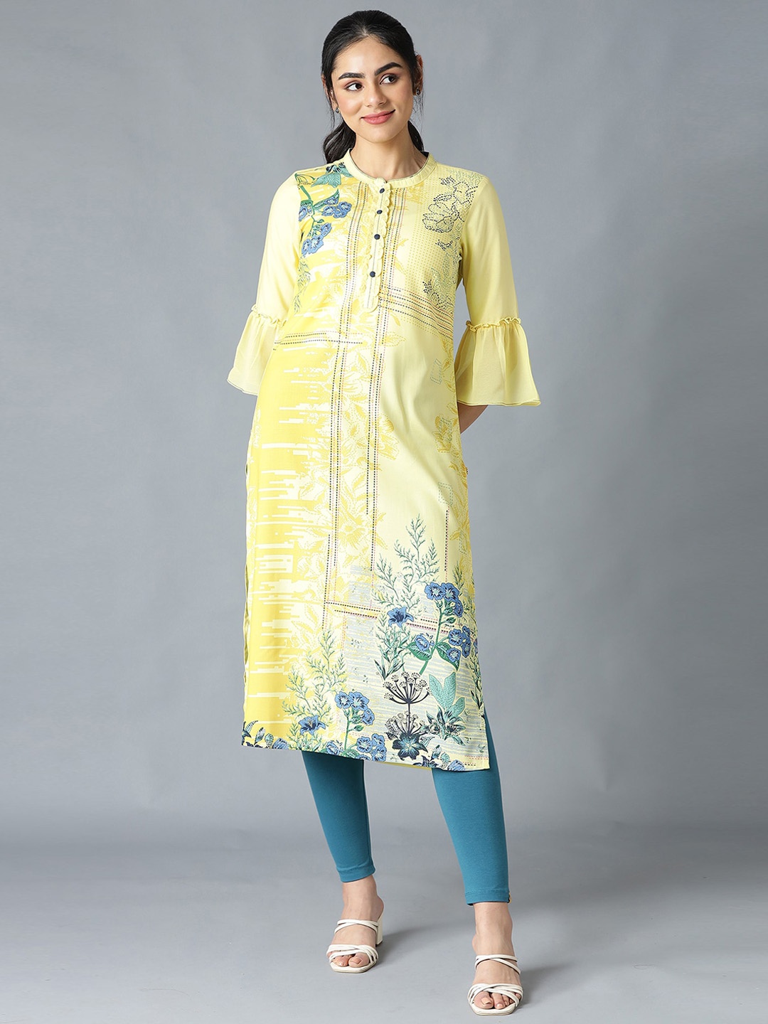 

AURELIA Women Yellow & Blue Floral Printed Bell Sleeves Floral Kurta