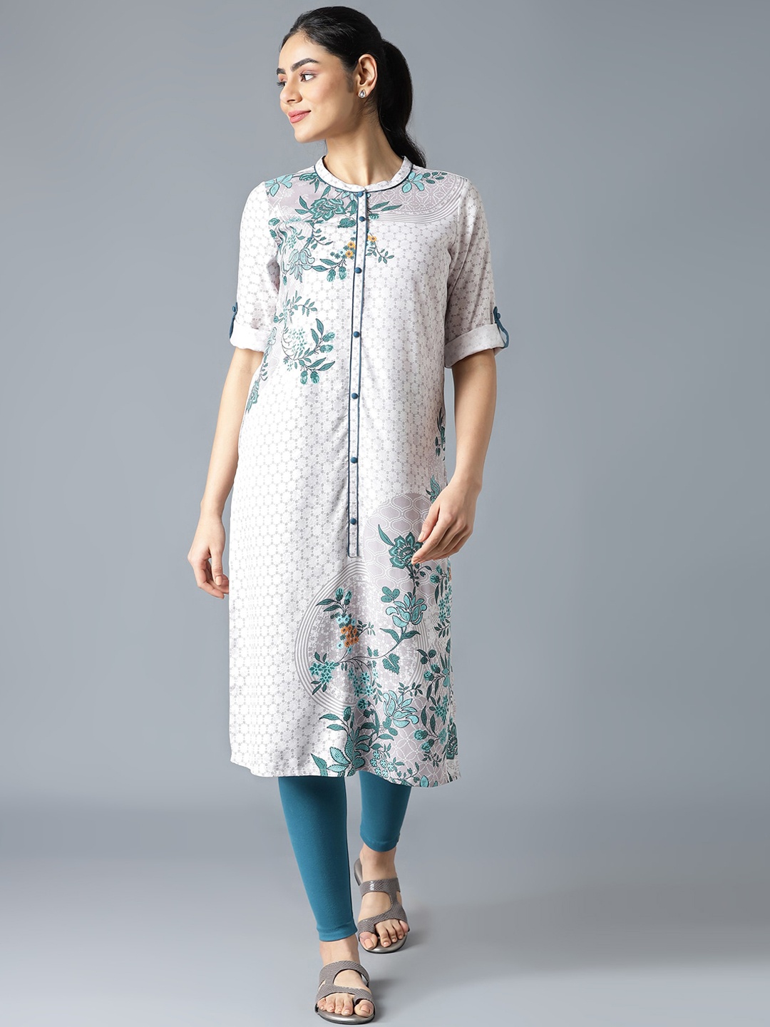 

AURELIA Women White & Green Ethnic Motifs Printed Kurta