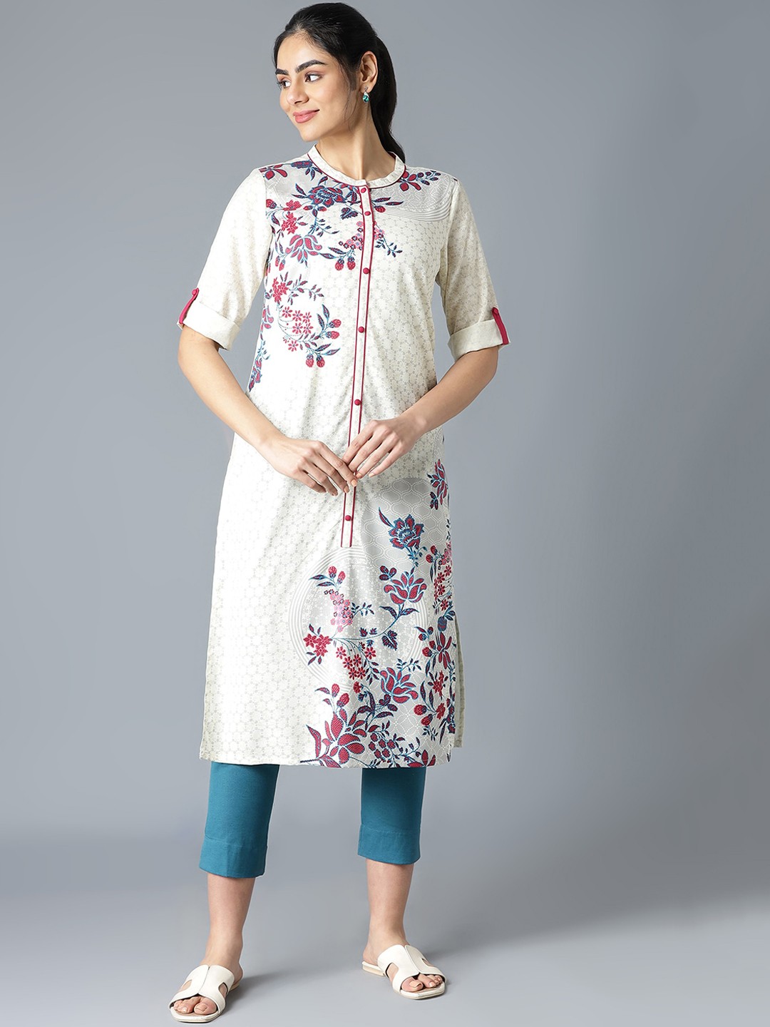 

AURELIA Women Cream-Coloured Floral Kurta, White
