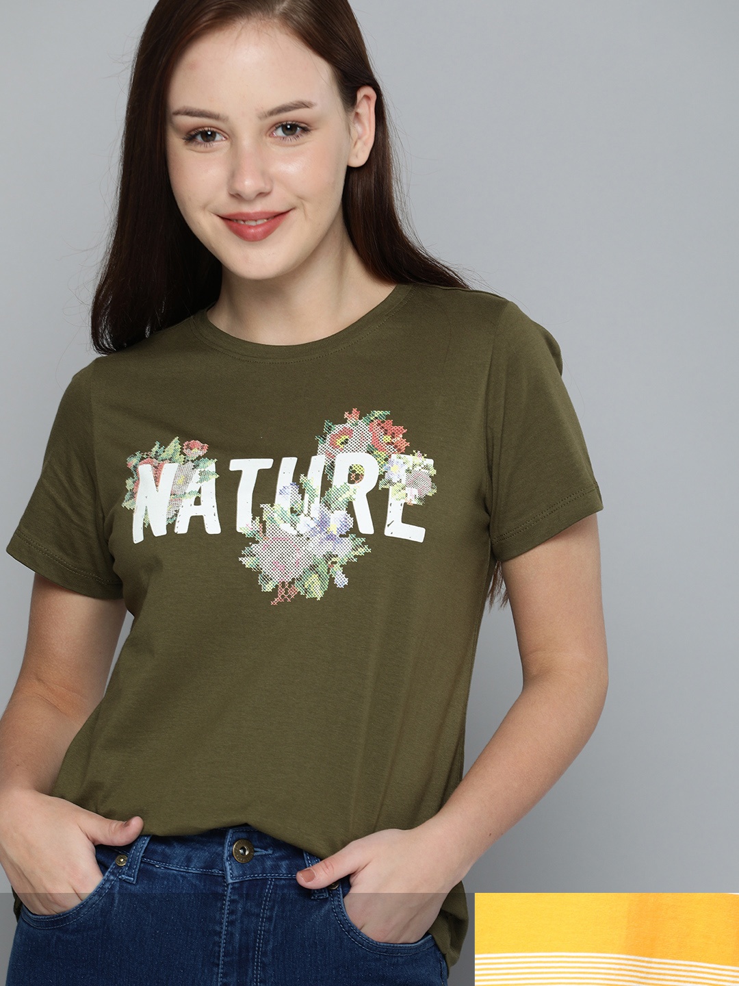 

Mast & Harbour Women Set Of 2 Round Neck Cotton T-shirt, Olive
