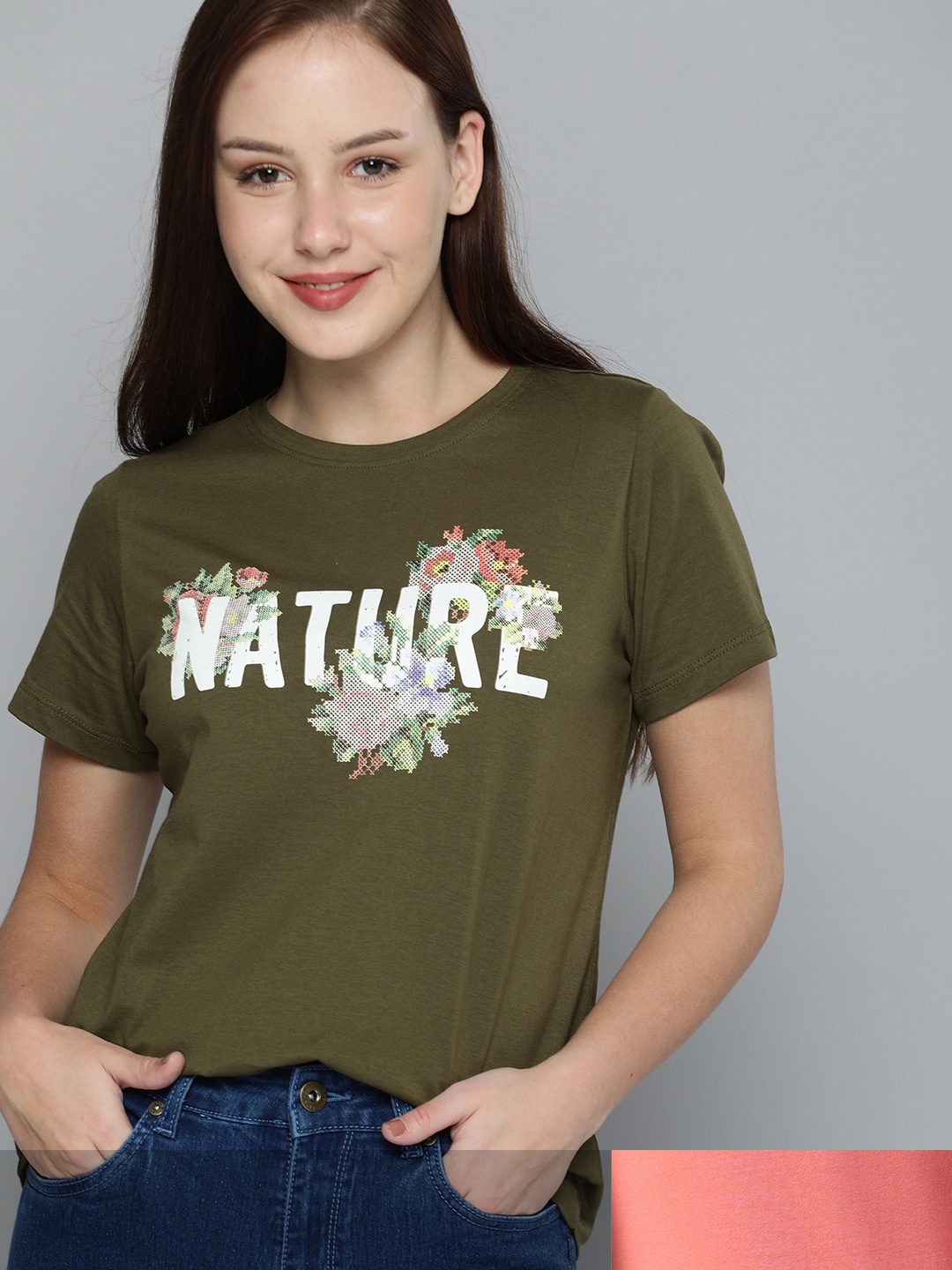 

Mast & Harbour Women Set Of 2 Round Neck T-shirt, Olive