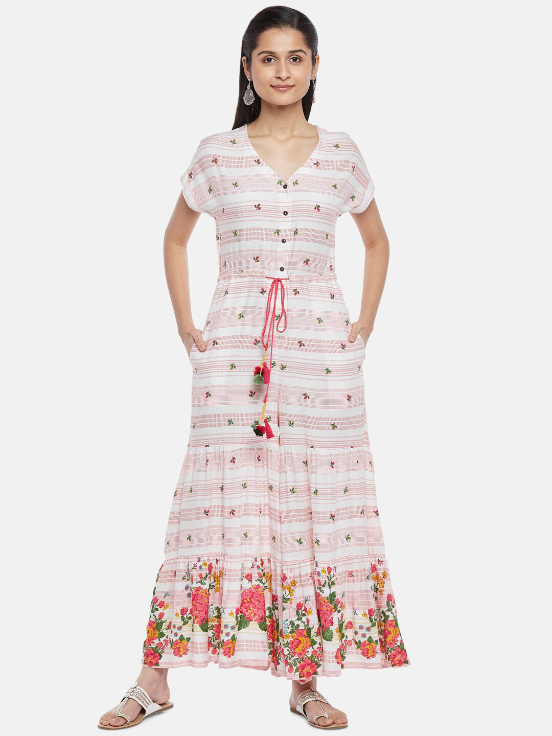 

AKKRITI BY PANTALOONS Women Pink & White Floral Printed Maxi Dress