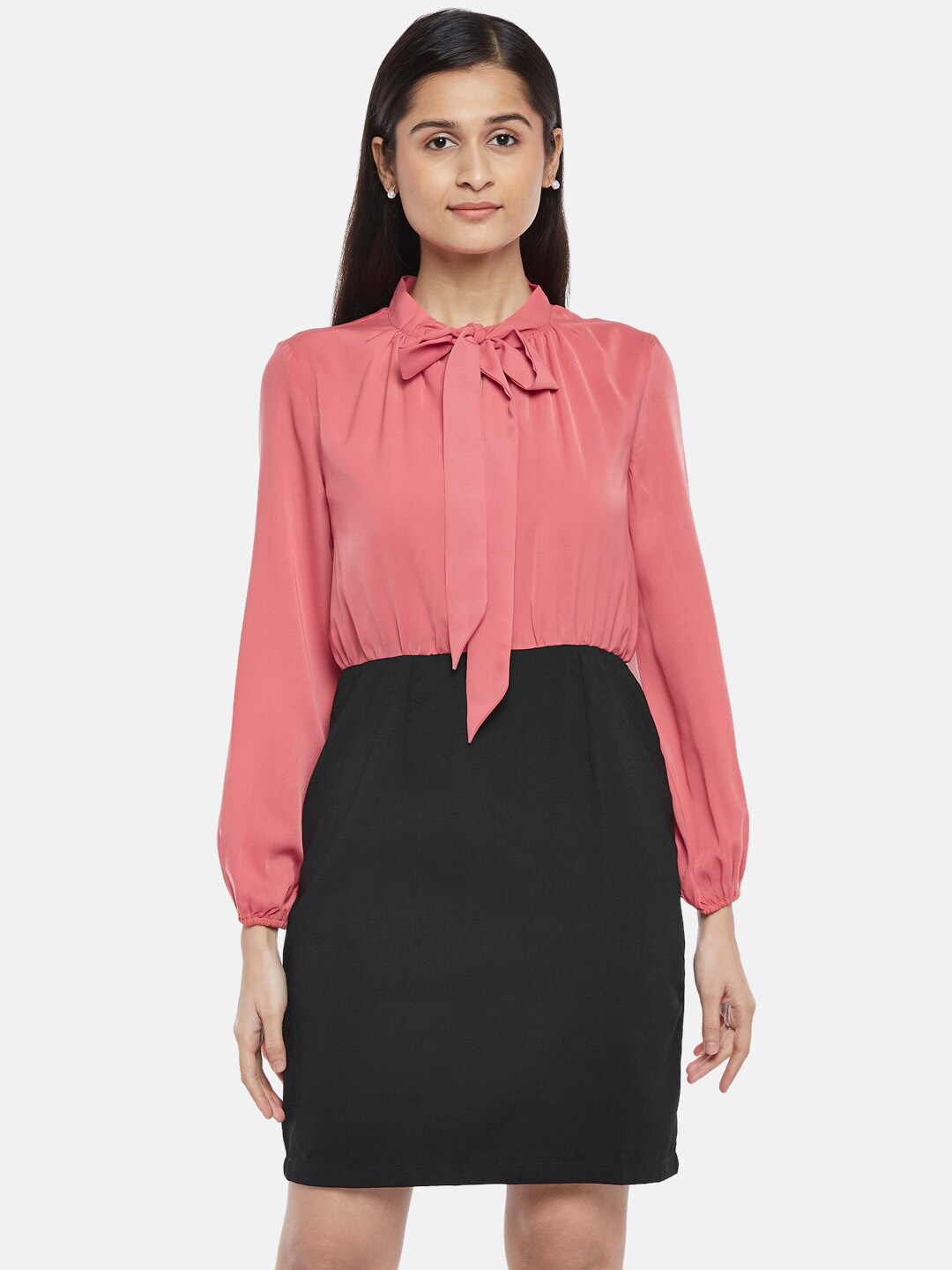 

Annabelle by Pantaloons Coral Pink & Black Colourblocked Tie-Up Neck Formal Sheath Dress