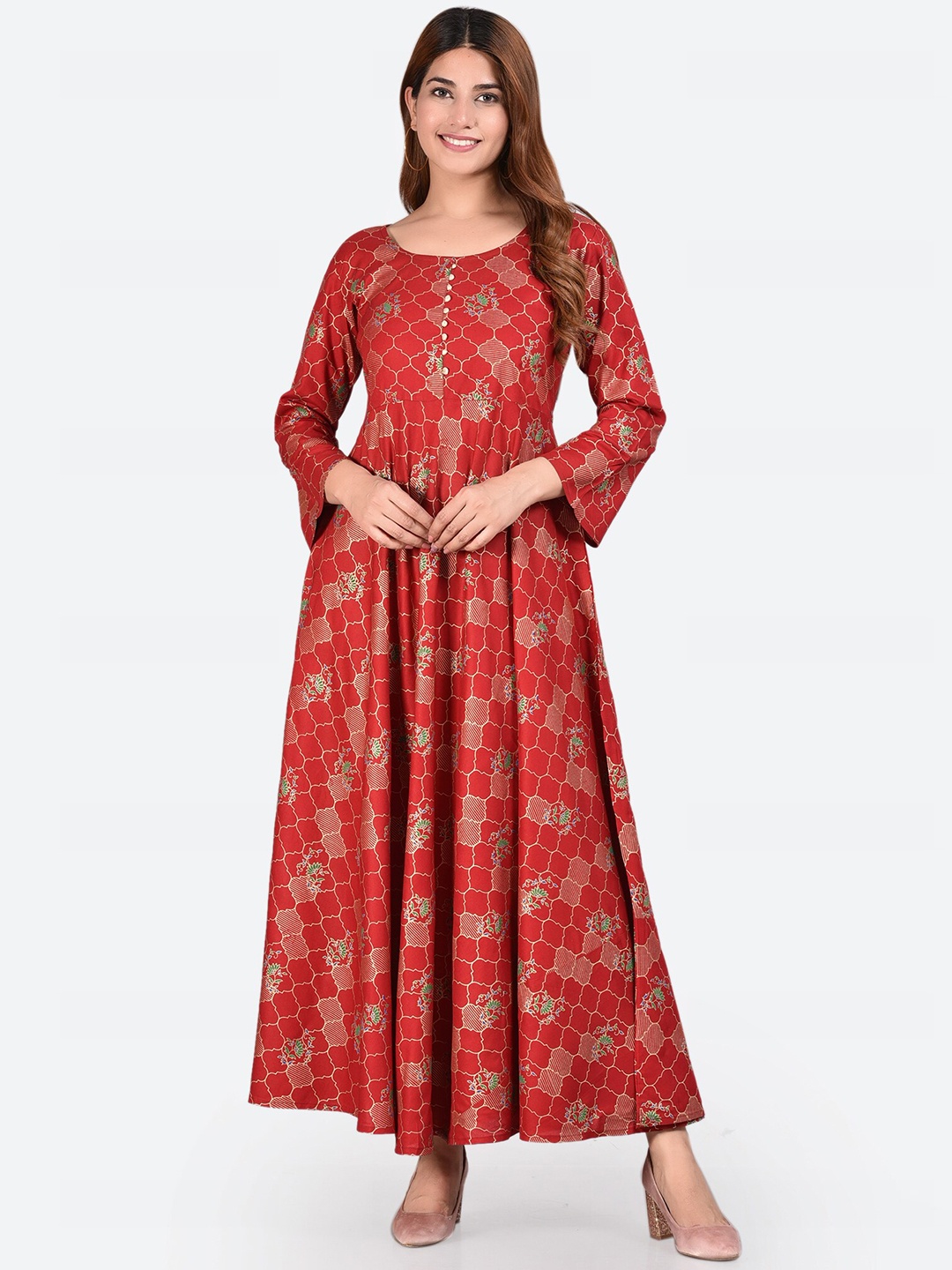 

Glorious Women Maroon Floral Printed Flared Sleeves Anarkali Kurta