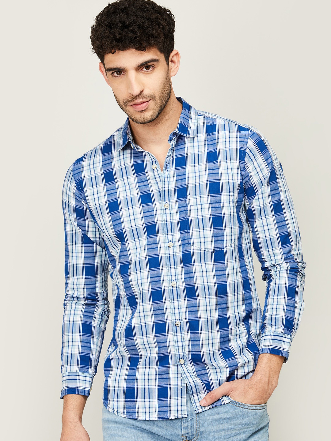 

Forca by Lifestyle Men Navy Blue Slim Fit Tartan Checks Checked Casual Shirt