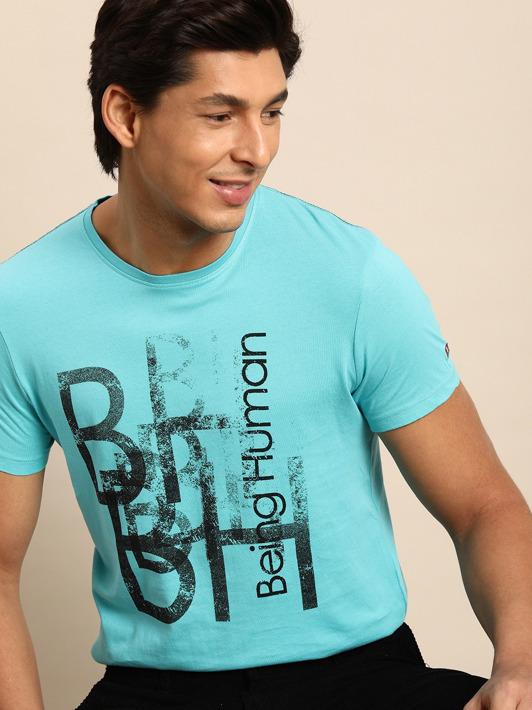 

Being Human Men Blue Brand Logo Printed Pure Cotton T-shirt