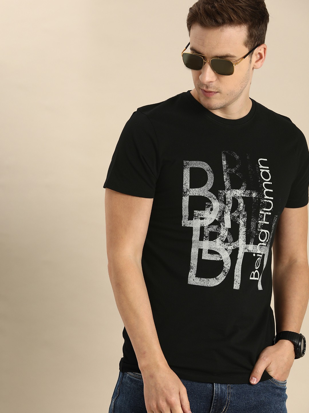 

Being Human Men Black & Grey Graphic Printed Pure Cotton T-shirt