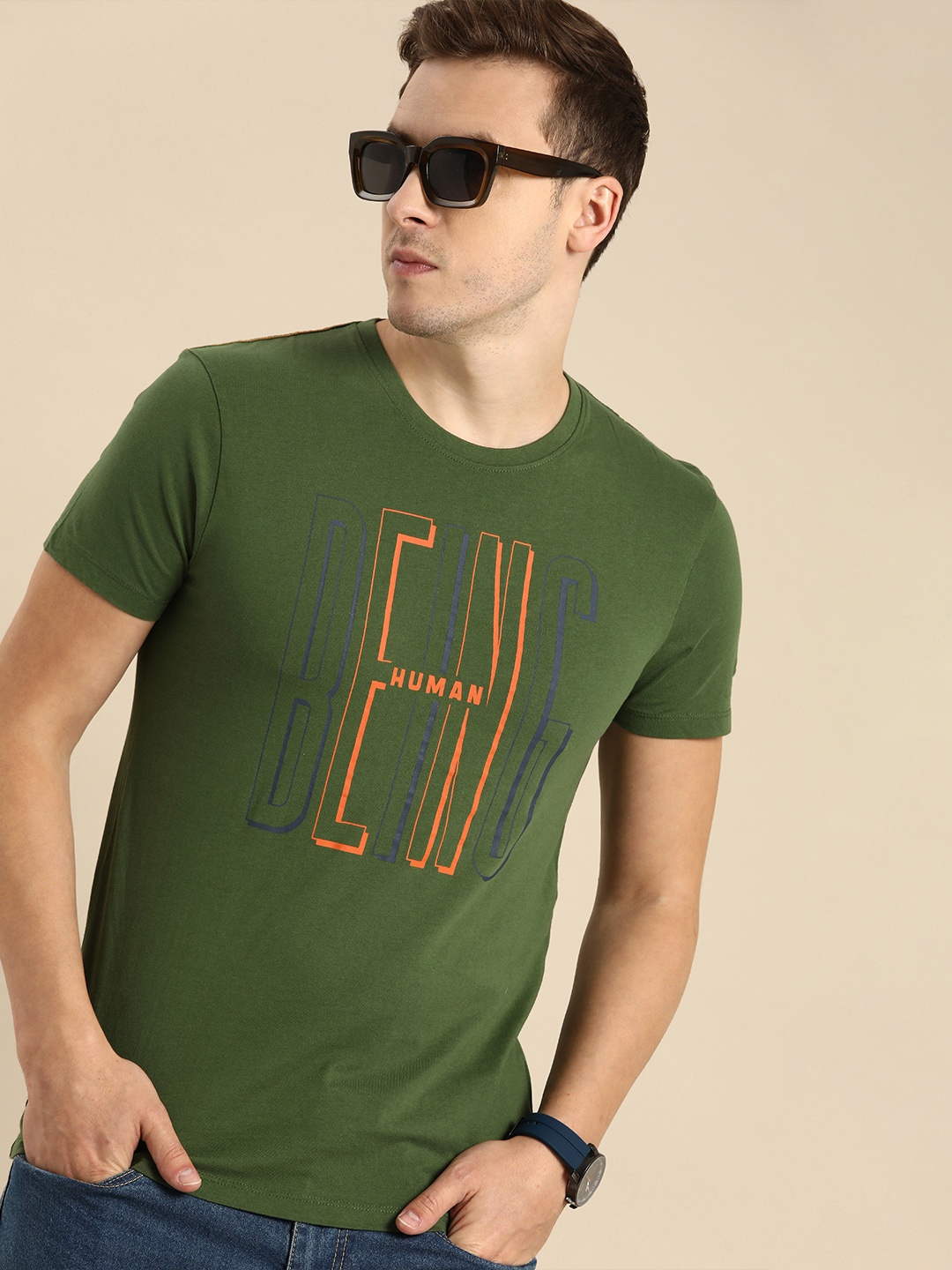 

Being Human Men Olive Green Brand Logo Printed Pure Cotton T-shirt