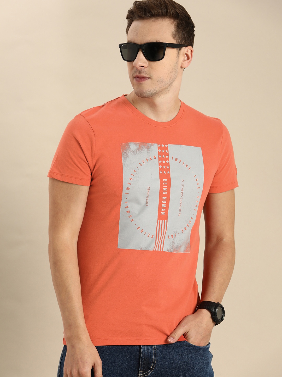 

Being Human Men Orange Graphic Printed Pure Cotton T-shirt