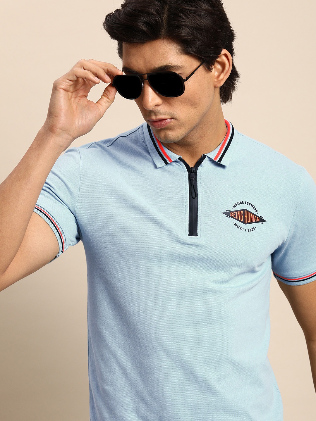 

Being Human Men Light Blue Brand Logo Printed Polo Collar T-shirt