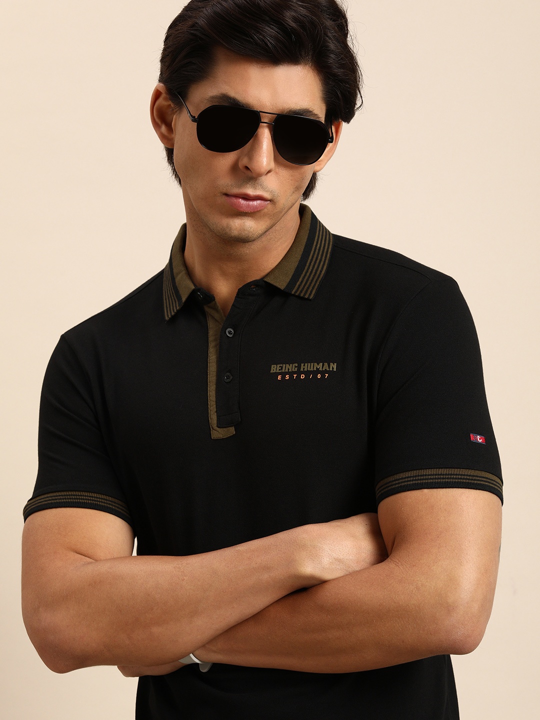 

Being Human Men Black Brand Logo Printed Polo Collar Pure Cotton T-shirt