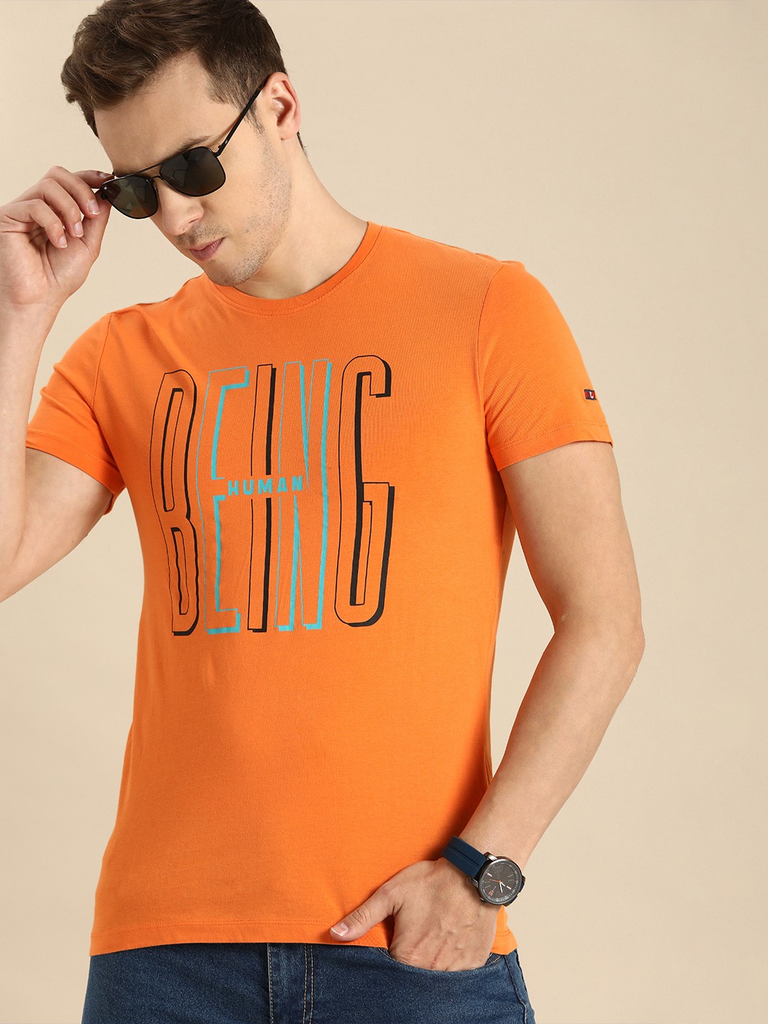 

Being Human Men Orange Brand Logo Printed Pure Cotton T-shirt