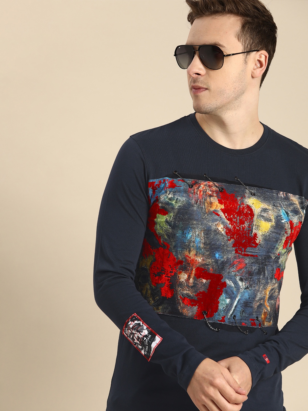 

Being Human Men Navy Blue & Red Graphic Printed Pure Cotton T-shirt