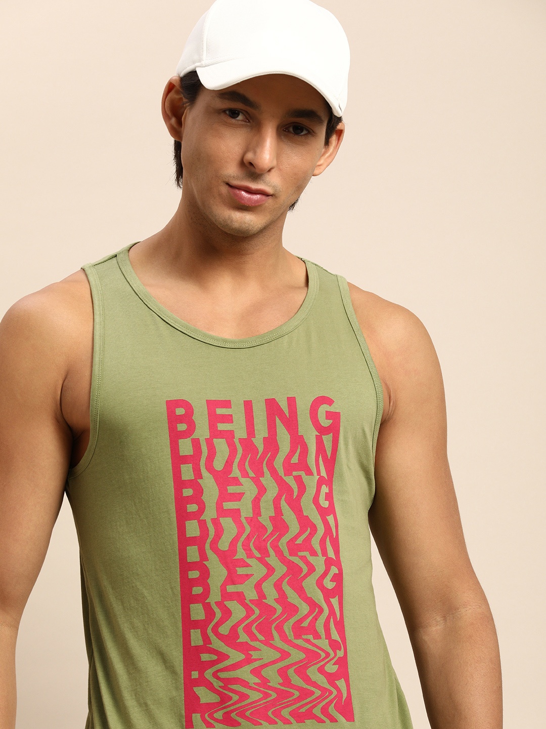 

Being Human Men Lime Green & Fuchsia Brand Logo Printed Sleeveless Pure Cotton T-shirt