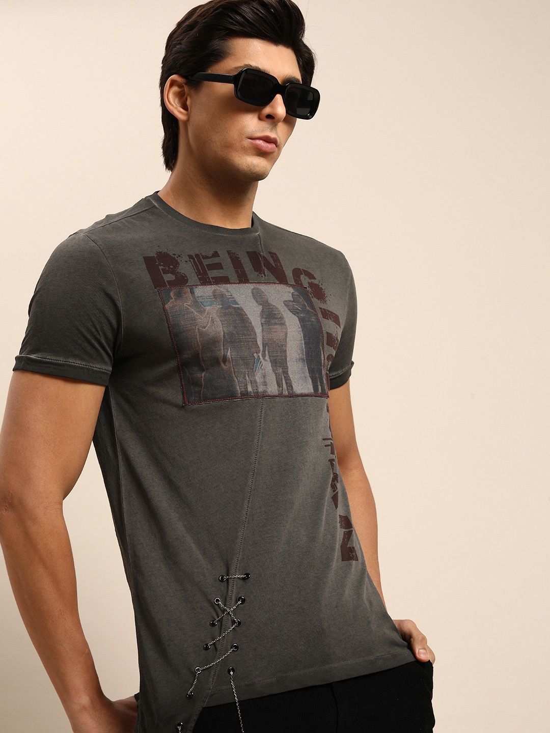

Being Human Men Charcoal Grey Brand Logo Printed Pure Cotton T-shirt