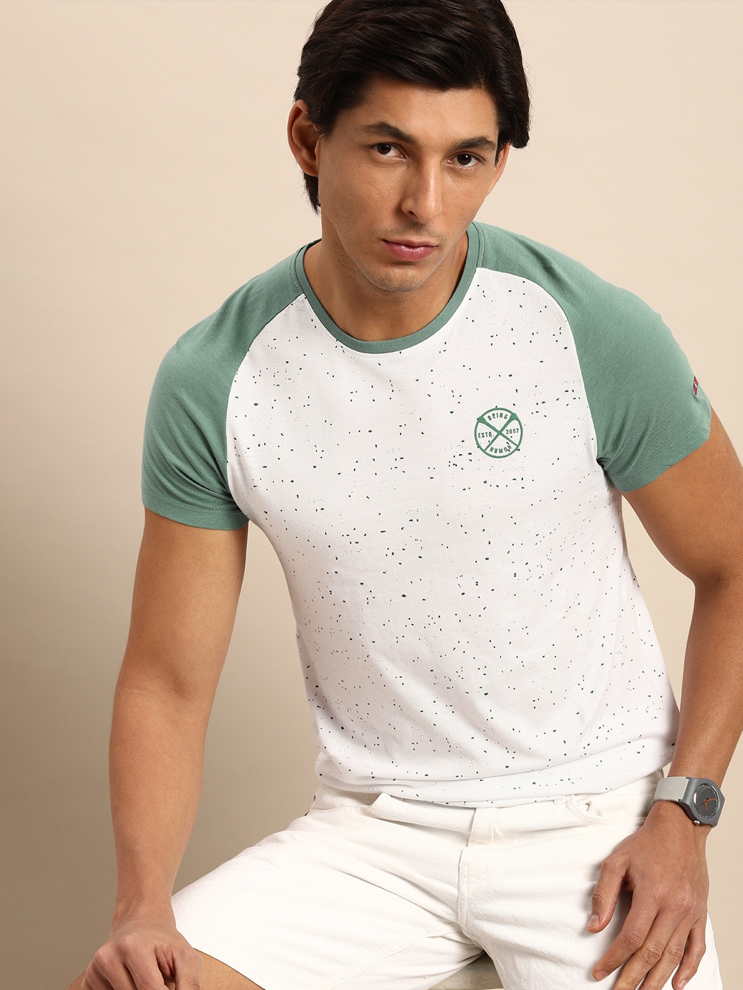 

Being Human Men White & Green Colourblocked And Printed Pure Cotton T-shirt